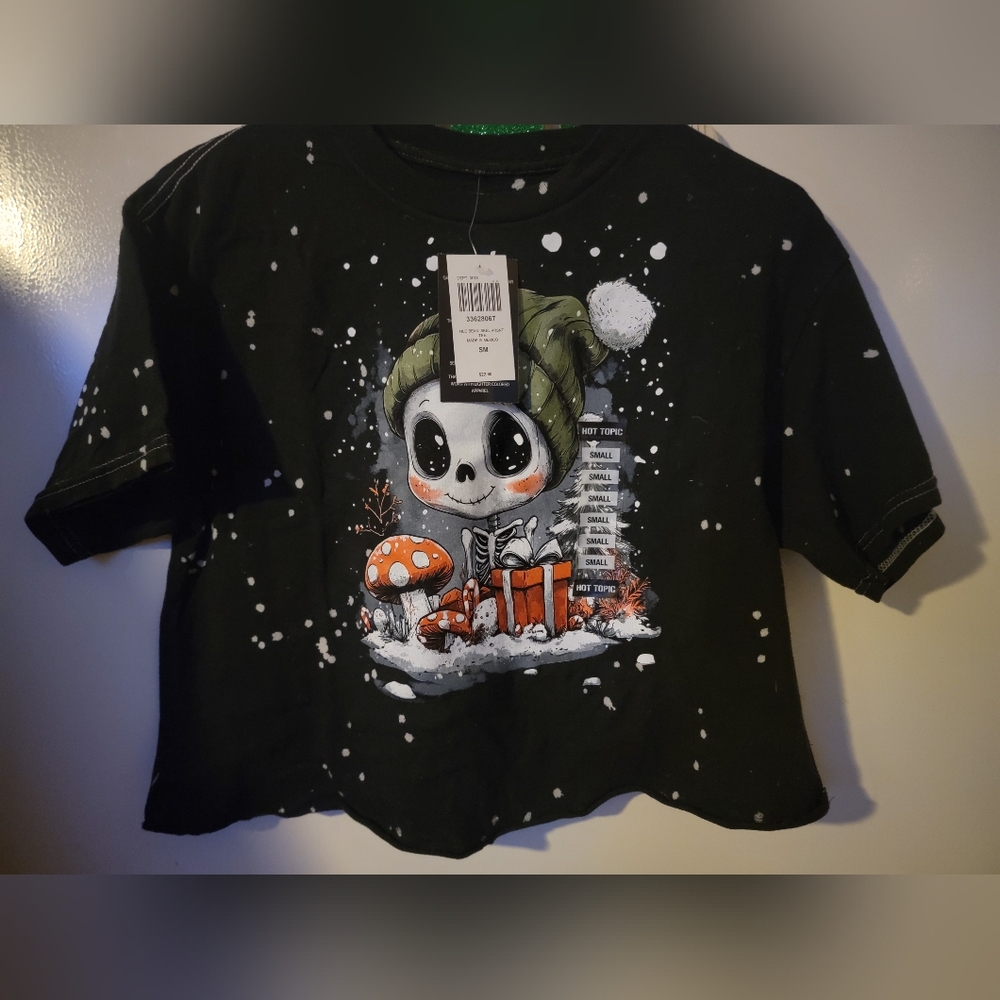 Hot Topic Black Tee with Skeleton and Mushroom Design